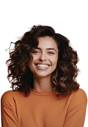 woman smiling in orange sweater
